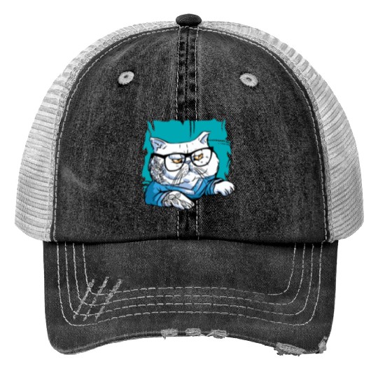 Stylish Nerd Persian Cat Beanie Glasses Tattoo Print Trucker Hats