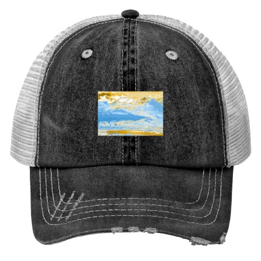 Golden Blue Mountain Lake Print Trucker Hats