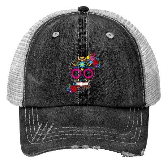 Day of The Dead Colorful Sugar Skull Print Trucker Hats