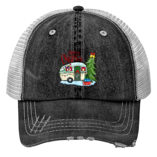 Merry Christmas Happy Camper Funny Camping Life Print Trucker Hats