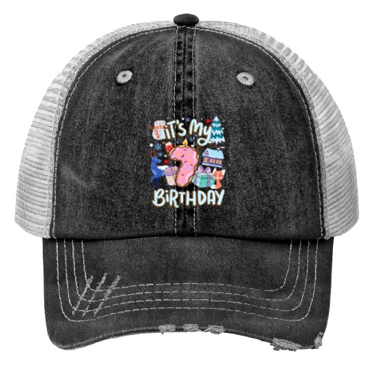 It's My 7 Birthday Snowman Holiday Donut Winter Print Trucker Hats