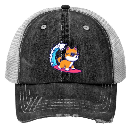 Cute Shiba Inu Dog Surfing in Sea Print Trucker Hats