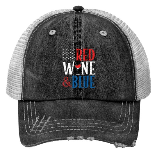 Red Wine And Blue 4th of July Booze Drink Print Trucker Hats