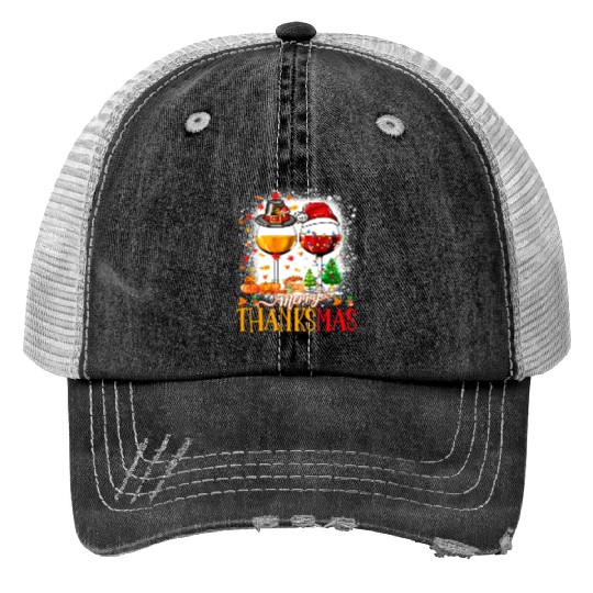 Merry Thanksmas Santa Hat Thanksgiving Christmas Print Trucker Hats
