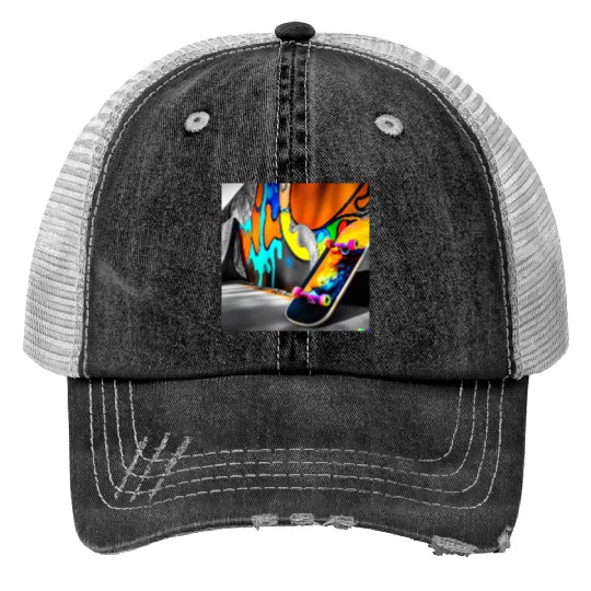 Skateboard and Graffiti Wall Art Print Trucker Hats