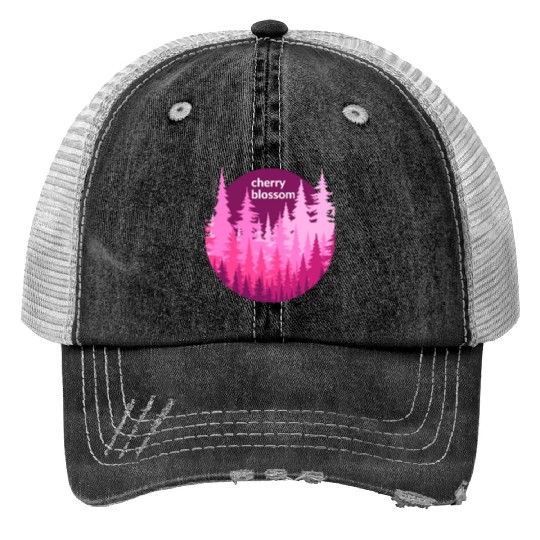 Cherry Blossom Forest Sun Print Trucker Hats