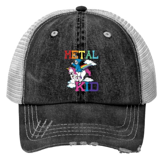 Metal Kid Music Grim Unicorn Rocker Rock Print Trucker Hats
