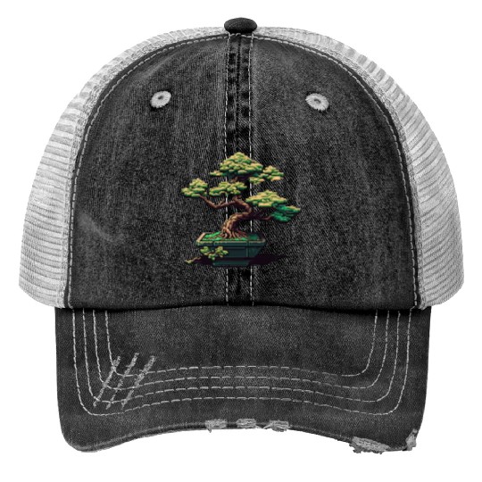 8 Bit Bonsai Tree Print Trucker Hats