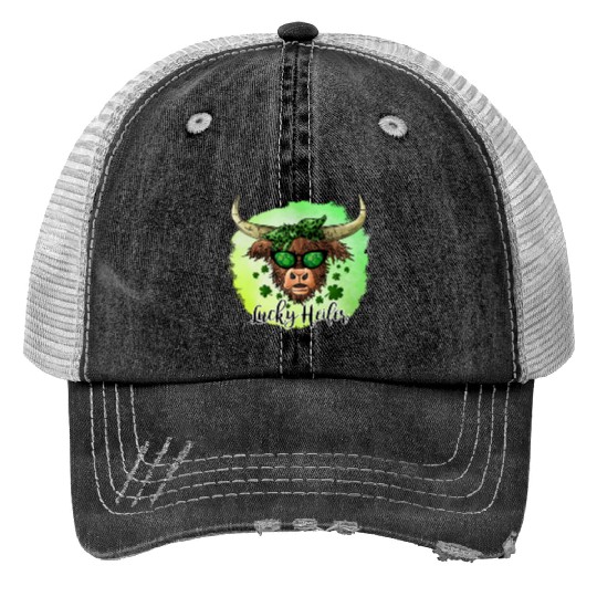 St Patricks Day Irish Lucky Heifer Cattle Farmer Print Trucker Hats