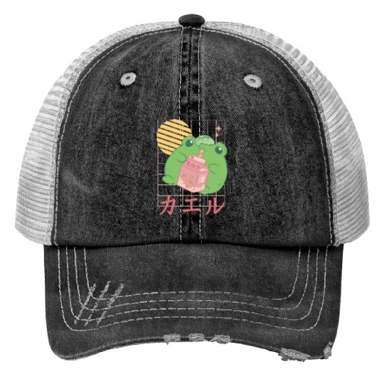 Strawberry Milk Frog Japanese Print Trucker Hats