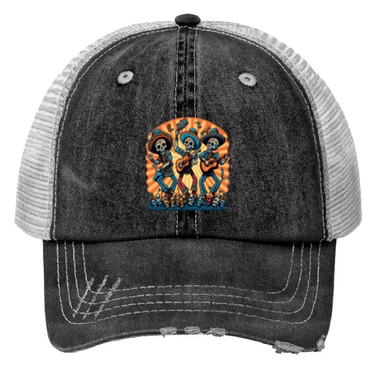 Mexican Folk Dance Fans Dancing Sugar Skull Print Trucker Hats