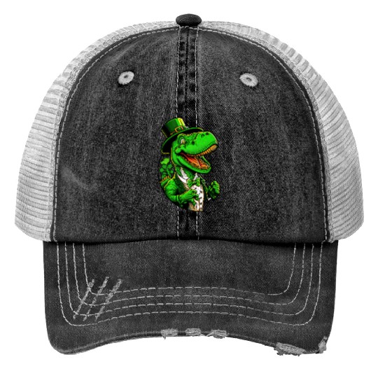 St Patricks Day T-rex Dinosaur With Top Hat Print Trucker Hats