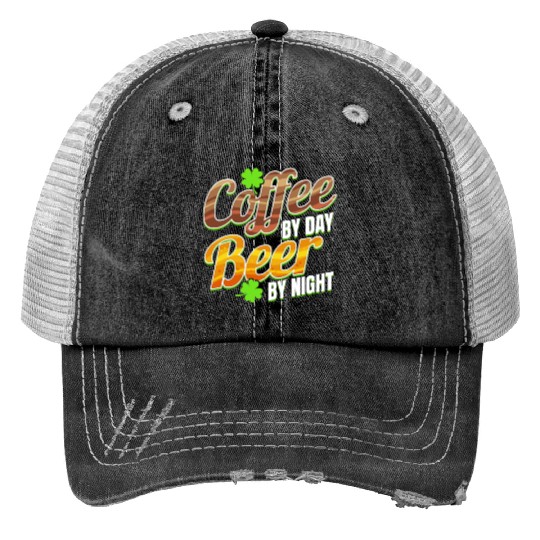 Shamrocks Coffee By Day And Beer By Night On St Print Trucker Hats