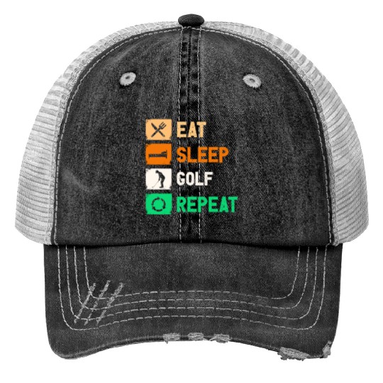 Eat Sleep Golf Repeat Funny Gaming Print Trucker Hats