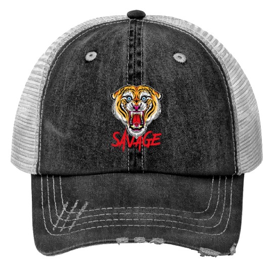 Savage Tiger Traditional Tattoo Print Trucker Hats