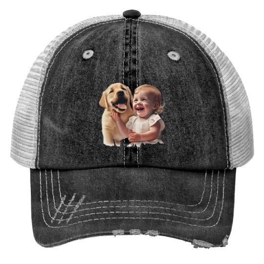 Sweet baby smiling with lovely puppy Print Trucker Hats