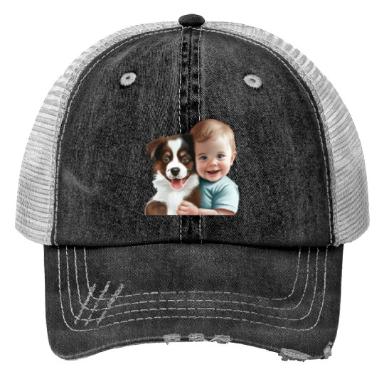 Sweet baby smiling with lovely puppy Print Trucker Hats