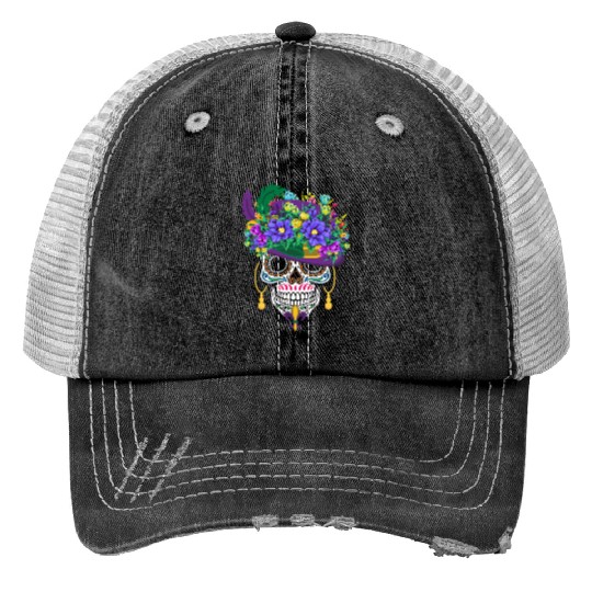 Mardi Gras Costume Dia De Los Muertos Flower Sugar Print Trucker Hats