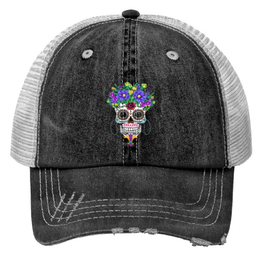 El Dia De Los Muertos Mardi Gras Costume Flower Print Trucker Hats