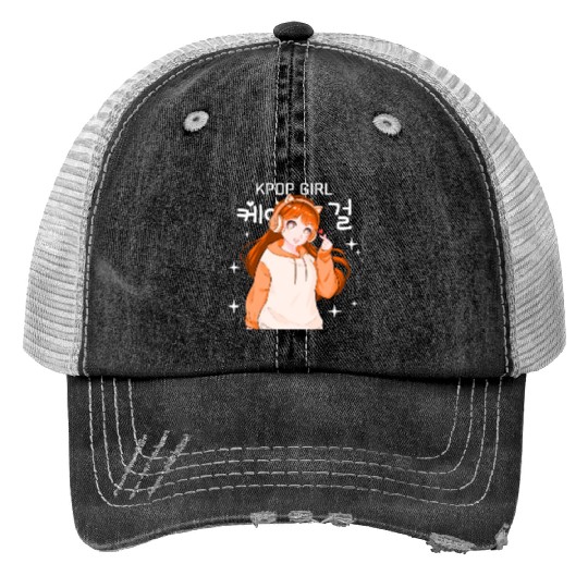 Anime Girl KPop Finger Heart Korean Hangul KDrama Print Trucker Hats
