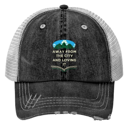 Away From the City Camping Wildlife Camper Outdoor Print Trucker Hats