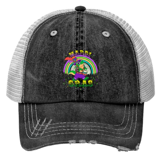 2023 Mardi Gras Party Hat T Rex Drummer Mardi Print Trucker Hats