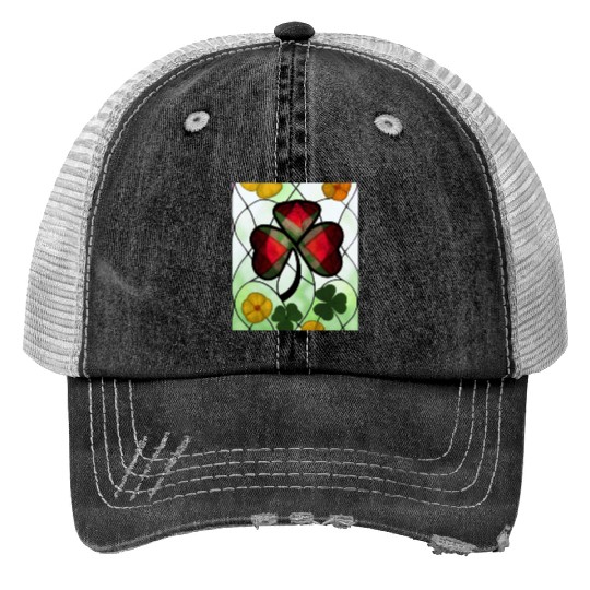 Red plaid Shamrock with Yellow Poppies (AI Art) Print Trucker Hats
