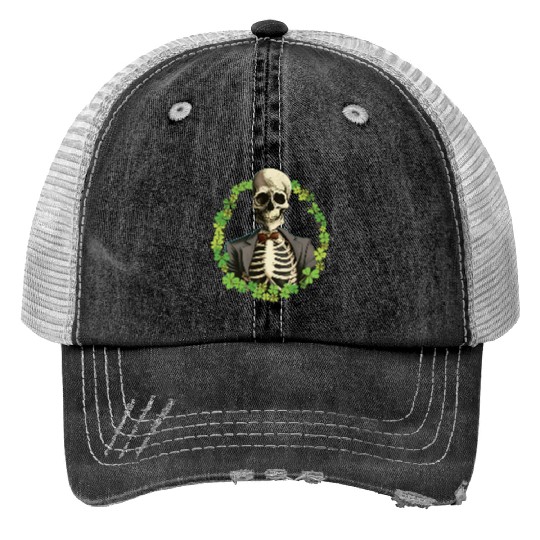 Skeleton Vintage Retro Creepy Cute Shamrock Print Trucker Hats