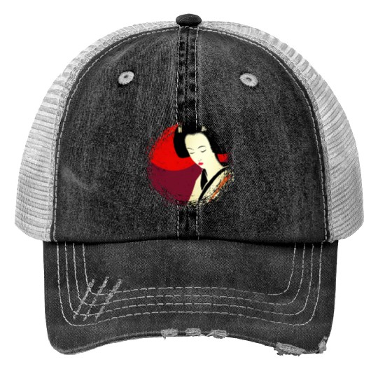 Geisha, traditional digital art, Japan Print Trucker Hats