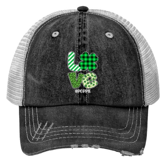 Love Poppie Green Plaid Leopard Shamrock Print Trucker Hats