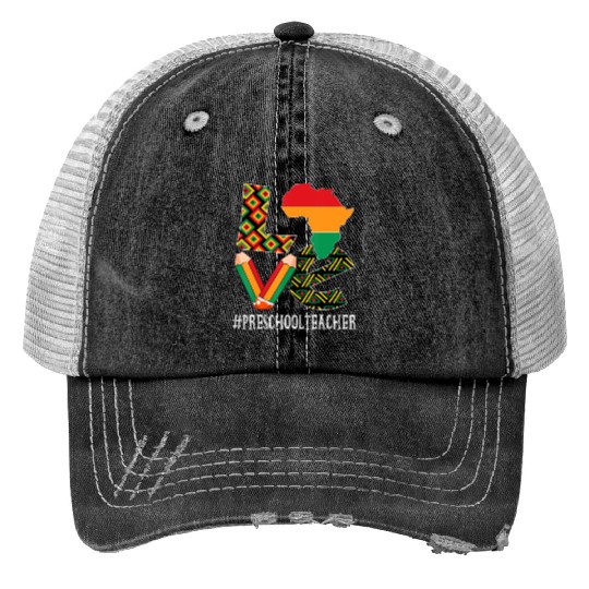 Preschool Teacher Love African American Print Trucker Hats