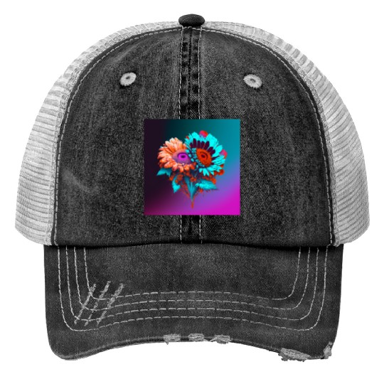 Blue and Orange Love Blooms Print Trucker Hats