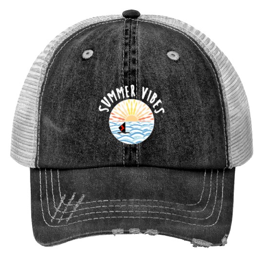 illustration sun sea boat summer vibes Print Trucker Hats