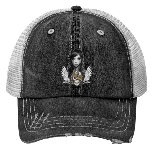 Gothic Girl Portrait Biker Babe Flower Skull Aesth Print Trucker Hats