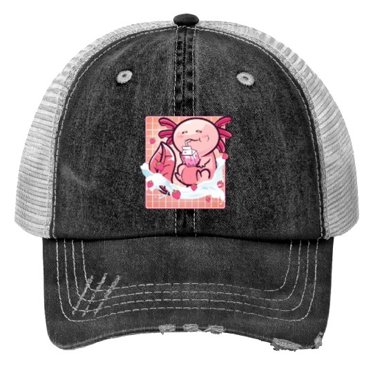 Kawaii Axolotl Strawberry Milk Shake Funny Sushi Print Trucker Hats