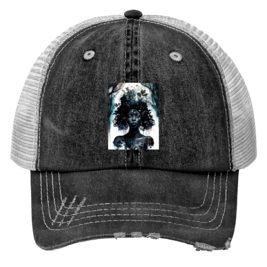 Black Nature Goddess - African American, Woodland Print Trucker Hats