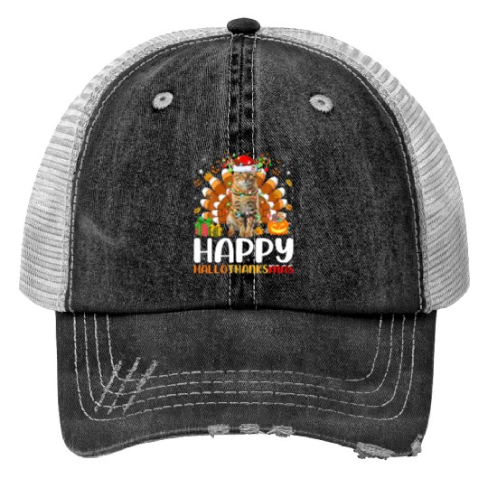 Cat Lover Halloween Christmas Happy Hallothanksmas Print Trucker Hats