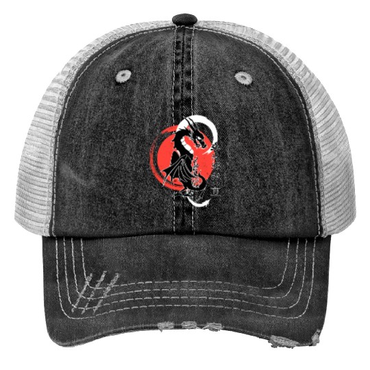 Black dragon, red moon Print Trucker Hats