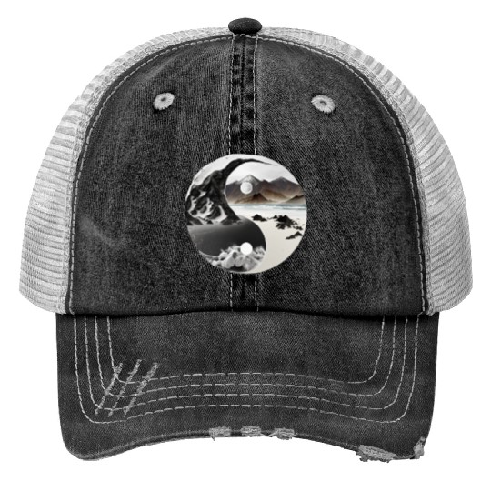 Ying Yang - mountains - beach Print Trucker Hats