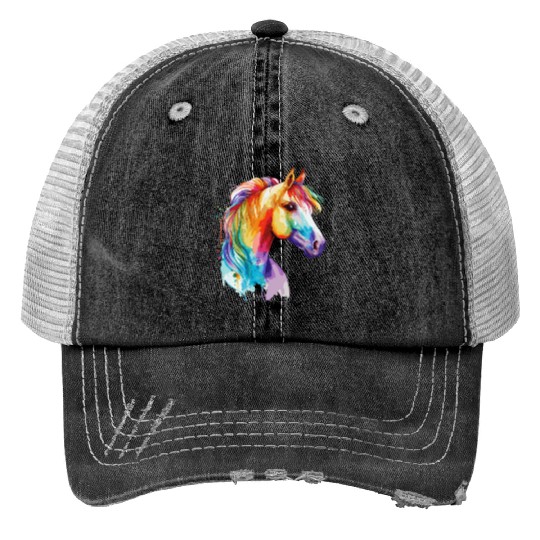 Watercolor Horse Pony Colorful Pet Ponys Lover Print Trucker Hats