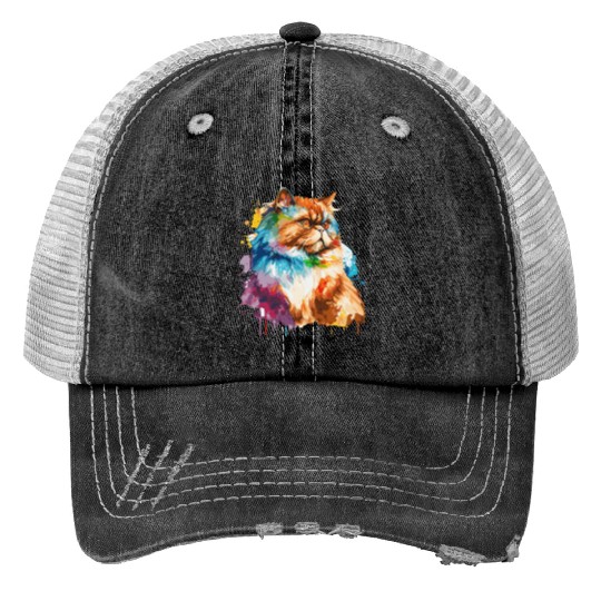 Watercolor Persian Cat Colorful Persian Cats Lover Print Trucker Hats