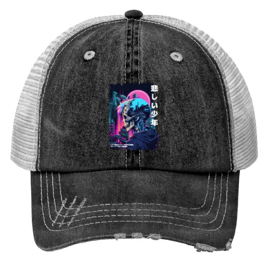 Edgy Gothic Skull Anime Sad Boy Japanese Futurism Print Trucker Hats