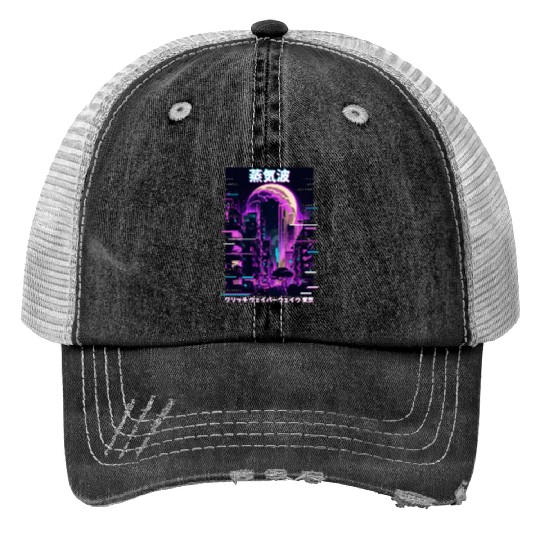 Retro Glitch Cityscape Vaporwave Futurism Tokyo Ae Print Trucker Hats