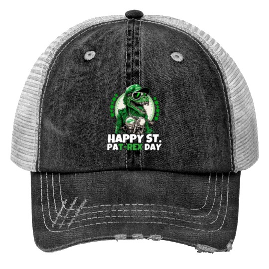 Happy St PaT-Rex Dinosaur Saint Patricks Day Biker Print Trucker Hats
