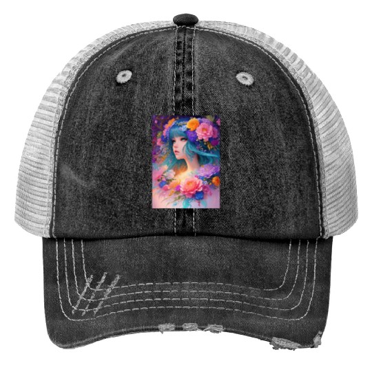 Spring Girl with a bouqet of flowers garland #6 Print Trucker Hats