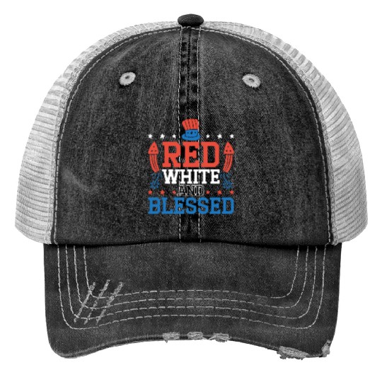 Red White And Blessed America USA Flag 4th Of July Print Trucker Hats