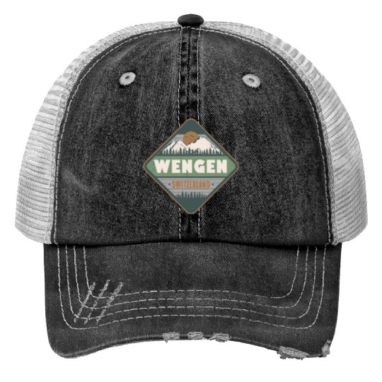 Wengen Switzerland Vintage Hiking Design Print Trucker Hats