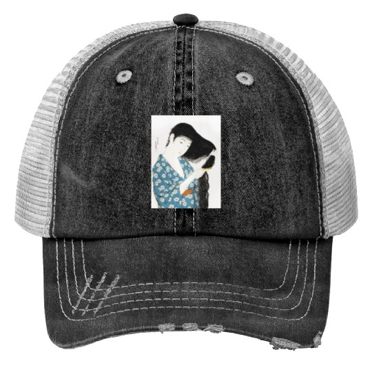 Japanese Woman Kimono Hair Ukiyoe art Print Trucker Hats