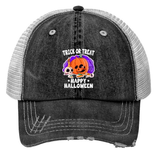 Trick Or Treat Happy Halloween Pumpkin Skull Print Trucker Hats