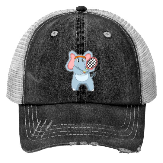 Elephant At Tennis With Tennis Racket Print Trucker Hats